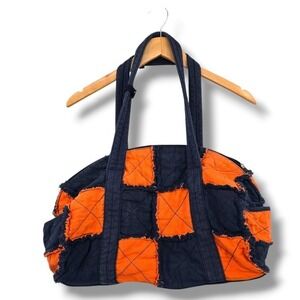 Quilted Patchwork Tote‎ Bag Orange Navy Blue Travel Gym Carry-on Women